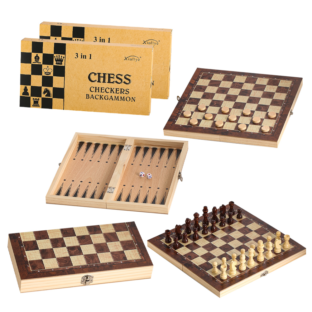 Chess Set Wooden - 나무 3-in-1 체커 백개먼 체스 세트